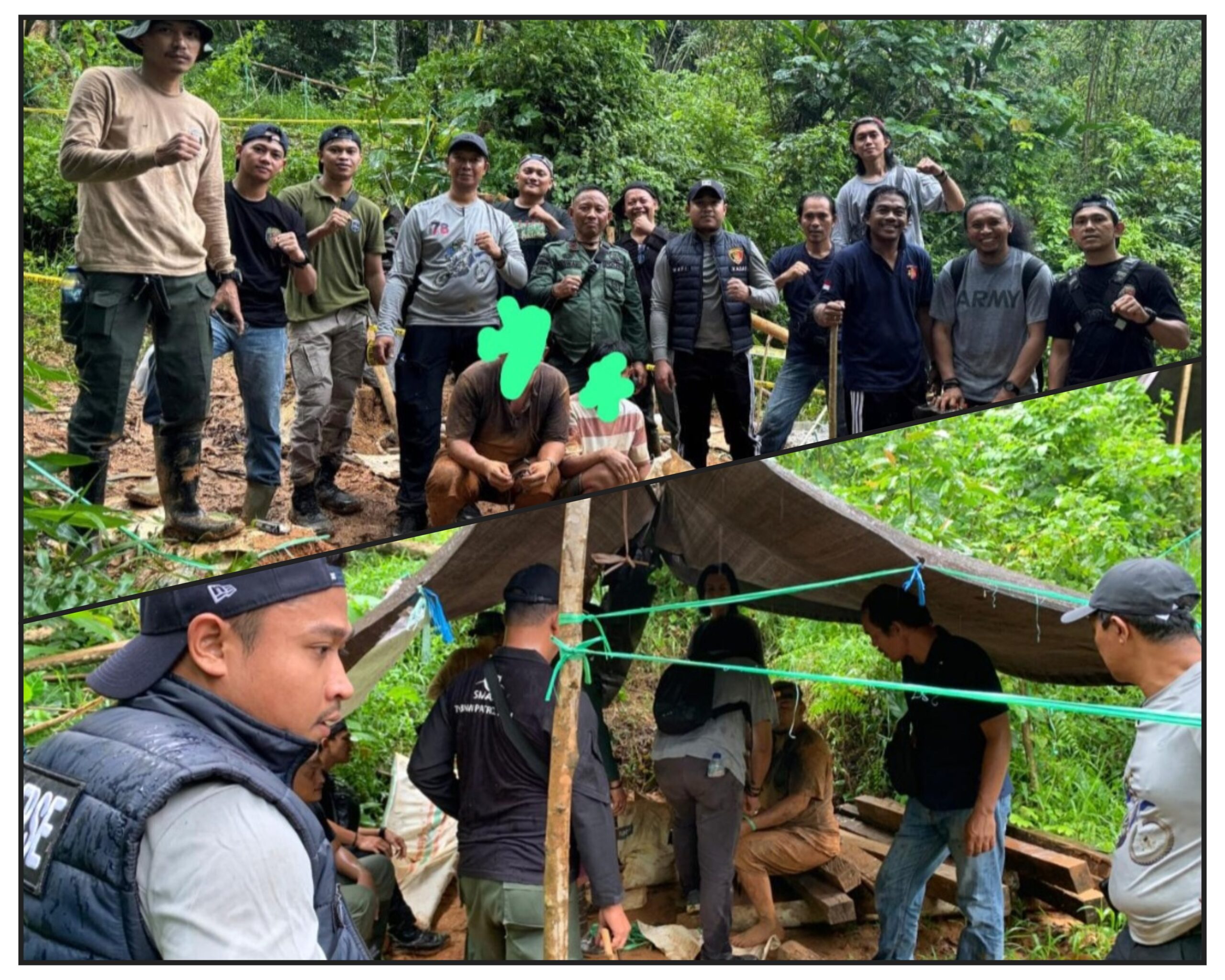 Dua pelaku penambangan ilegal (depan) diamankan tim gabungan Polres Kotamobagu dan Balai TNBNW saat operasi penertiban PETI di Pegunungan Omomali, Desa Mengkang, Kecamatan Lolayan, Bolmong, Jumat (05/06/2026). Foto: Humas Polres Kotamobagu.