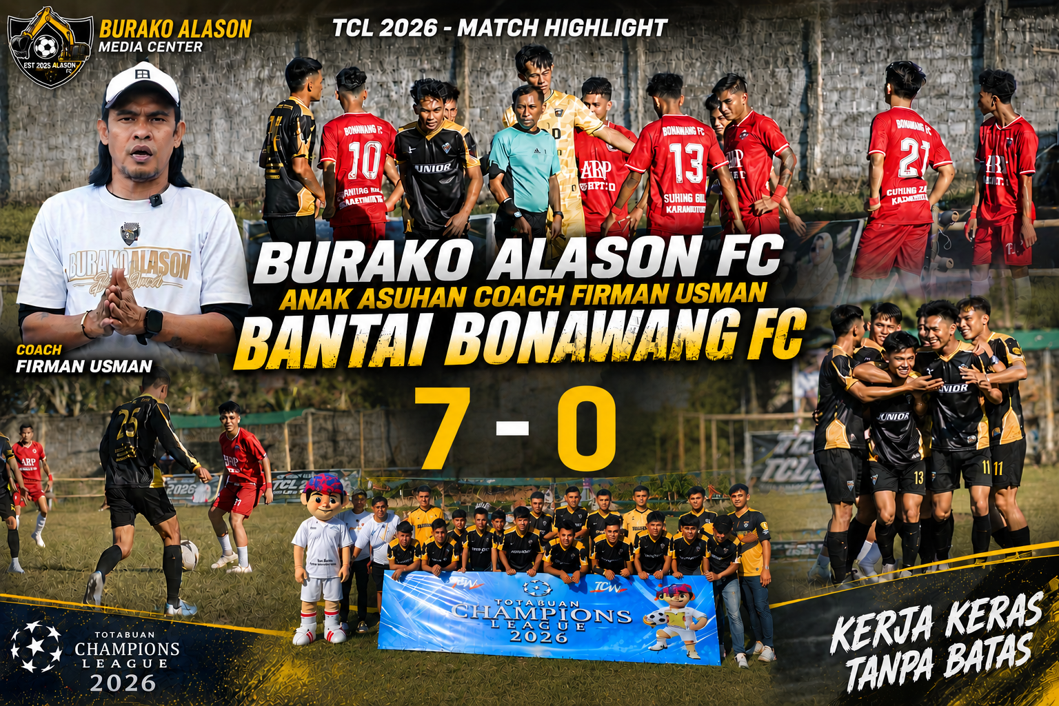 Aksi pemain Burako Alason FC, Risky, saat mencoba melewati penjagaan ketat bek Bonawang FC, Rigel, pada laga lanjutan Grup A Totabuan Champions League 2026 di Stadion Nunuk Matali. Laga sengit sore itu berakhir dengan kemenangan telak Burako Alason FC 7-0. Foto: Akbar TCW